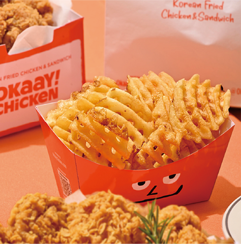 Waffle fries served in cute Aay character packaging