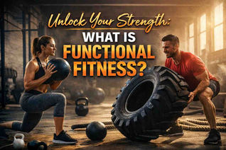 fit woman performs lunges holding a medicine ball, while a man lifts a heavy tire in an industrial gym setting. The image highlights the concept of functional fitness.