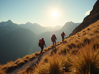 action-shot-of-hikers-on-a-mountain-trail-with-wild-ridge-co-apparel-sun-flare-natural-day
