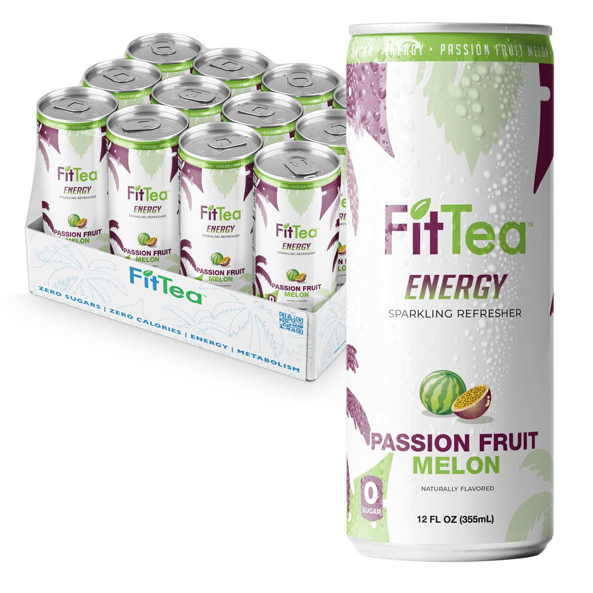 Fit Tea Healthy Energy Drink 12 Fl Oz - Passionfruit Melon Sparkling Refresher