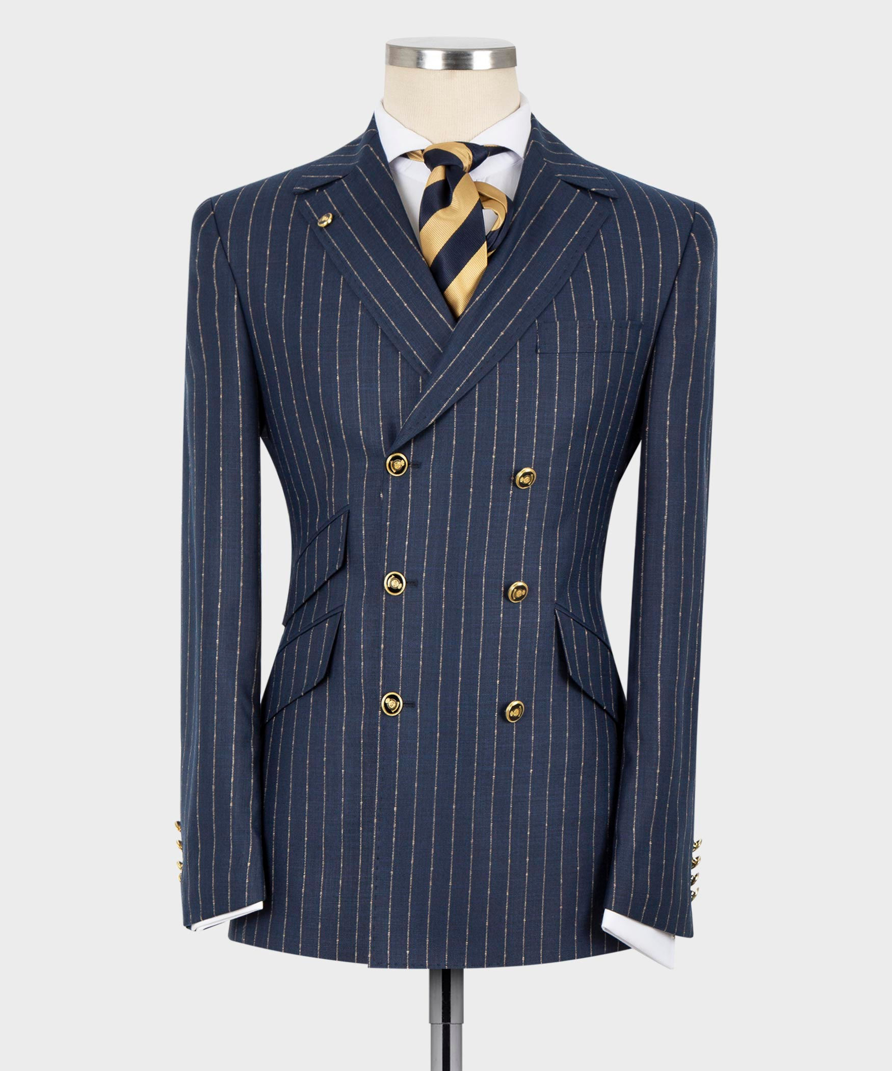 Blue Slim Fit Double Breasted Pin Striped 2 Piece Suit
