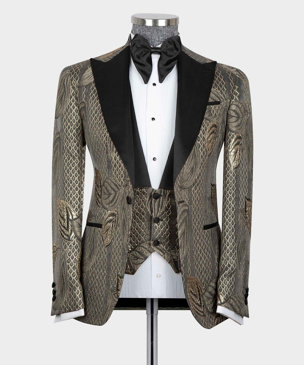 Thumbnail: Gold and Grey Oriental 3 Piece Tuxedo with Black Trousers and Waistcoat