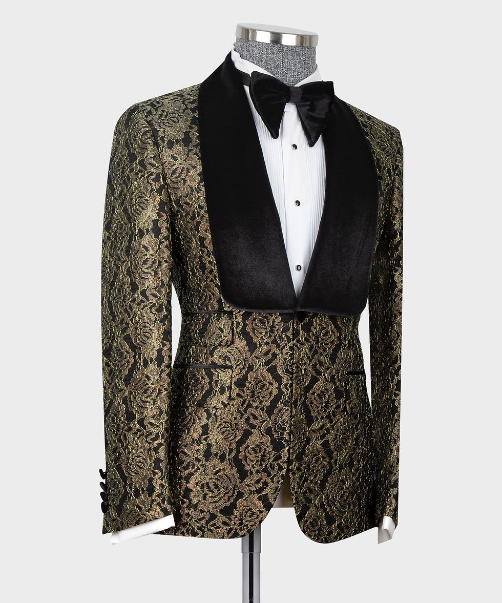 Thumbnail: Gold and Black Floral 3 Piece Tuxedo with Black Trousers and Waistcoat