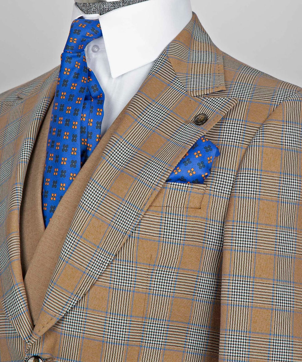 Thumbnail: Sand with Light Blue Plaid Checkered 3 Piece Suit