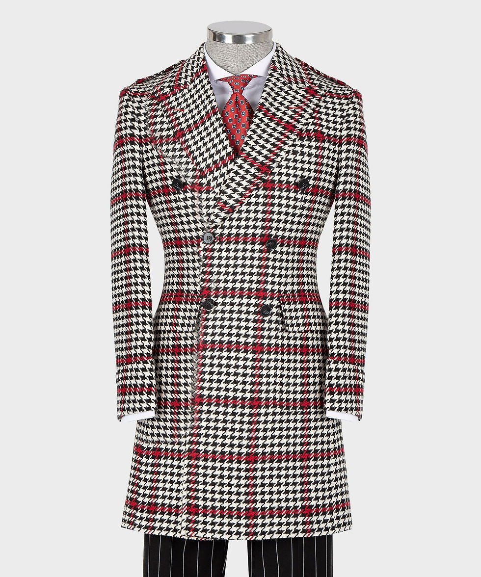 Thumbnail: Double Breasted Long Tartan Style Coat - Red