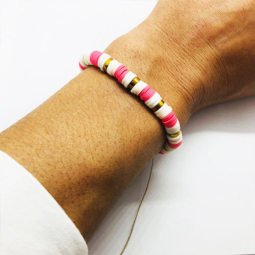 bracelet perles Heishi femme blanc et fushia la chouette nantaise