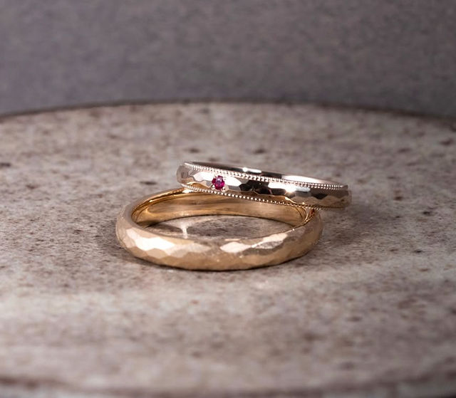Hand-shaved wedding bands with Ruby