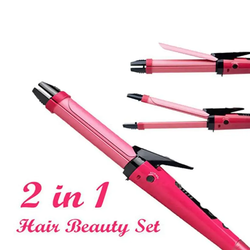 2-in-1 hair styling tool with ceramic plates and curling barrel
