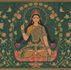 Goddess in vibrant attire, seated on a lotus in a floral background, holding a flower, exuding serenity. Green and pink hues dominate.