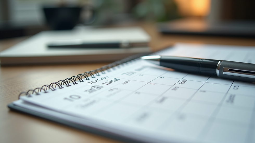 Close-up view of a calendar and pen on a desk
