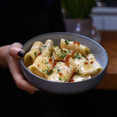 Paccheri al limone con caviale di carote