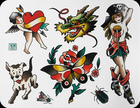 traditional tattoo, oldschool tattoo, tattoo flash, cupid tattoo, dog tattoo, pirate tattoo, dragon tattoo, butterfly tattoo, rose tattoo, flower tattoo, scarab tattoo, fly tattoo