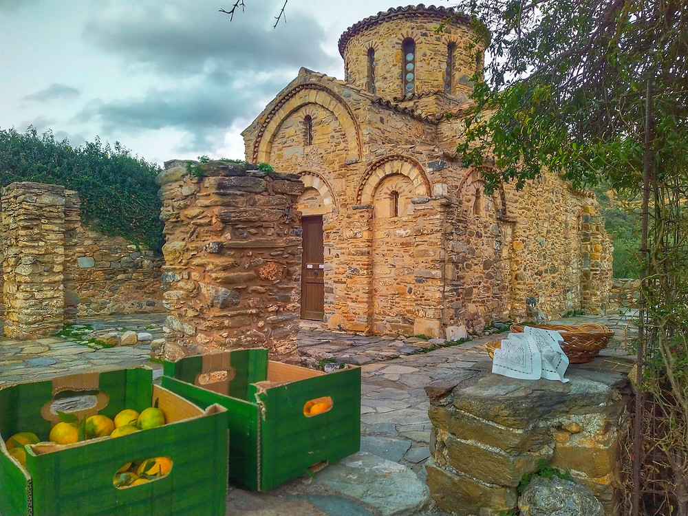 The Byzantine church of the Virgin Mary on the celebrating day. Locals offered tangerines along with bread blessed in the Mass. Picture taken from the SW, in the afternoon of the November 21, 2021.