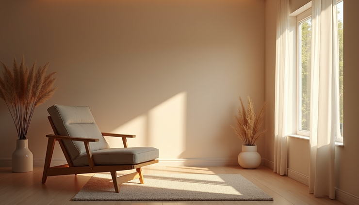 Eye-level view of a calm therapy room with a comfortable chair and soft lighting
