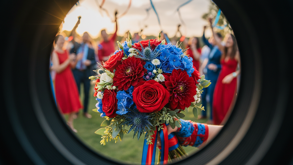 Close-up view of a camera lens focused on a wedding bouquet