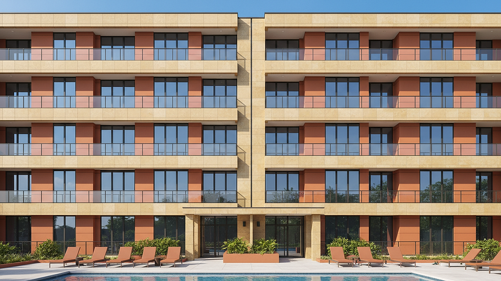 Eye-level view of a modern apartment building exterior