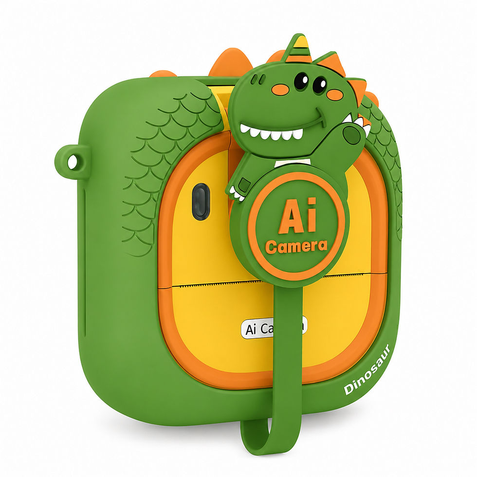 Cámara IA infantil con diseño de dinosaurio verde y amarillo