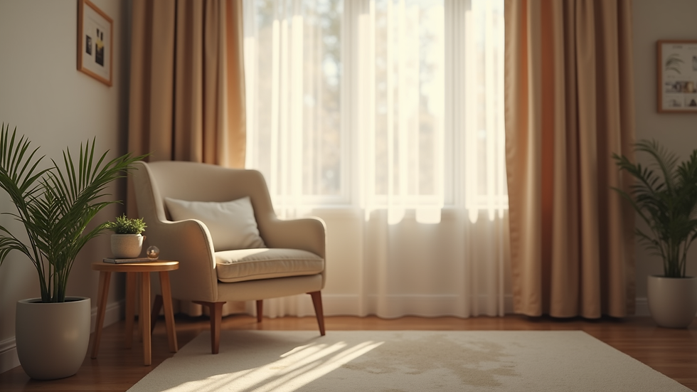 Eye-level view of a cozy therapy room with a comfortable chair and soft lighting