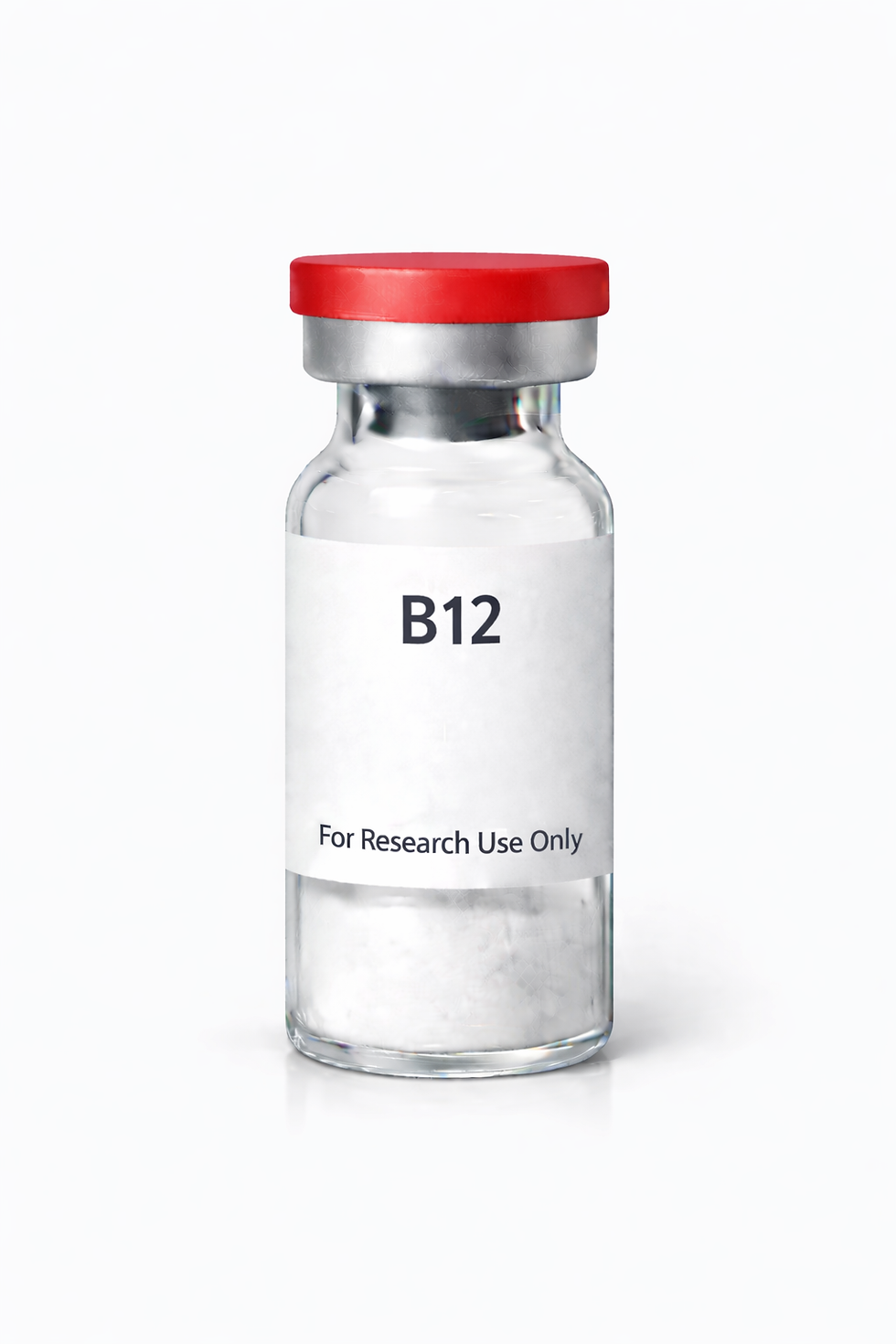 Clear glass vial labeled b12 containing powdered medication.