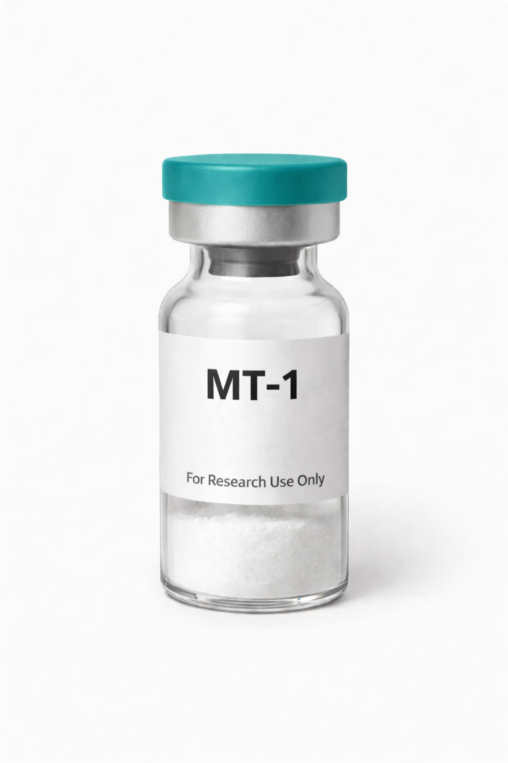 Clear glass vial labeled mt-1 containing powdered medication.