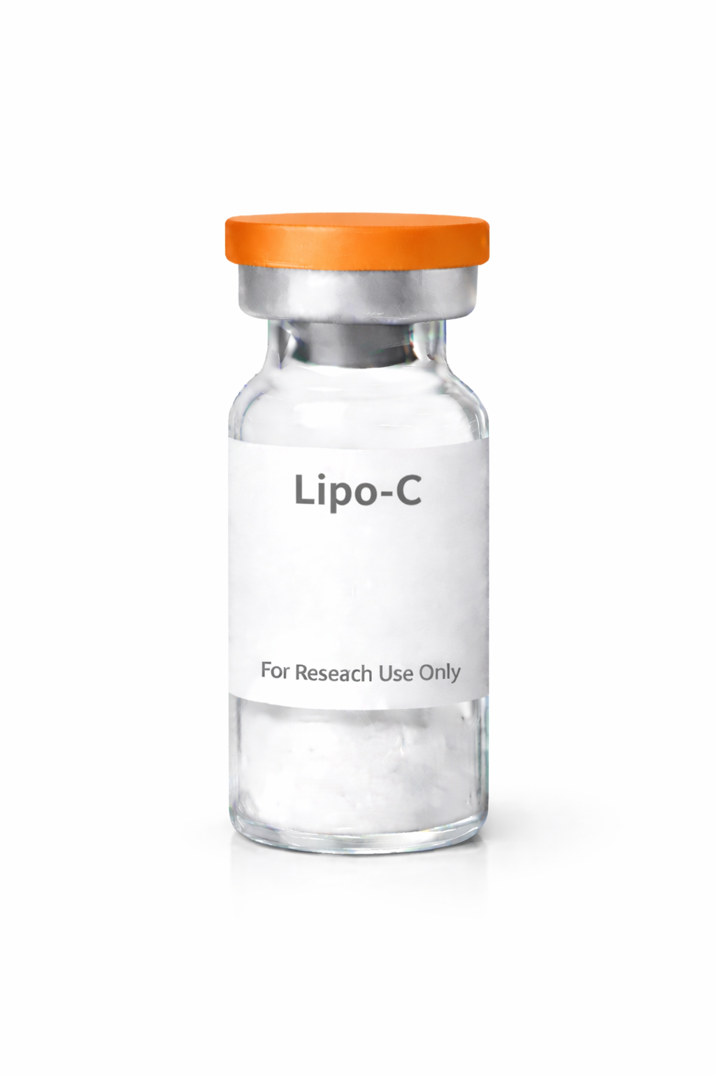 Clear glass vial labeled lipo-c containing powdered medication.