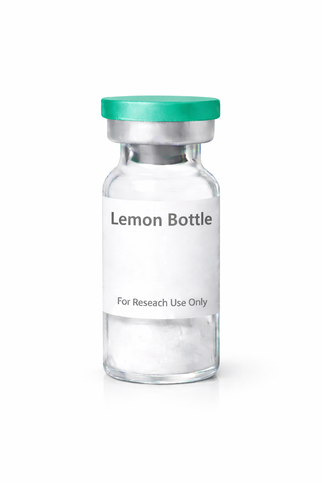Clear glass vial labeled lemon bottle containing powdered medication.