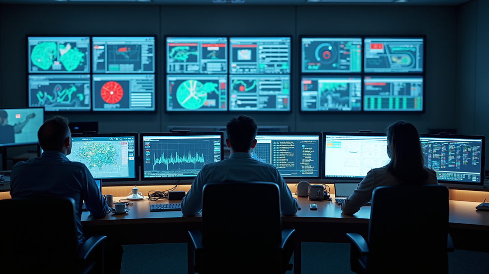 High angle view of control room with multiple monitors displaying emergency data