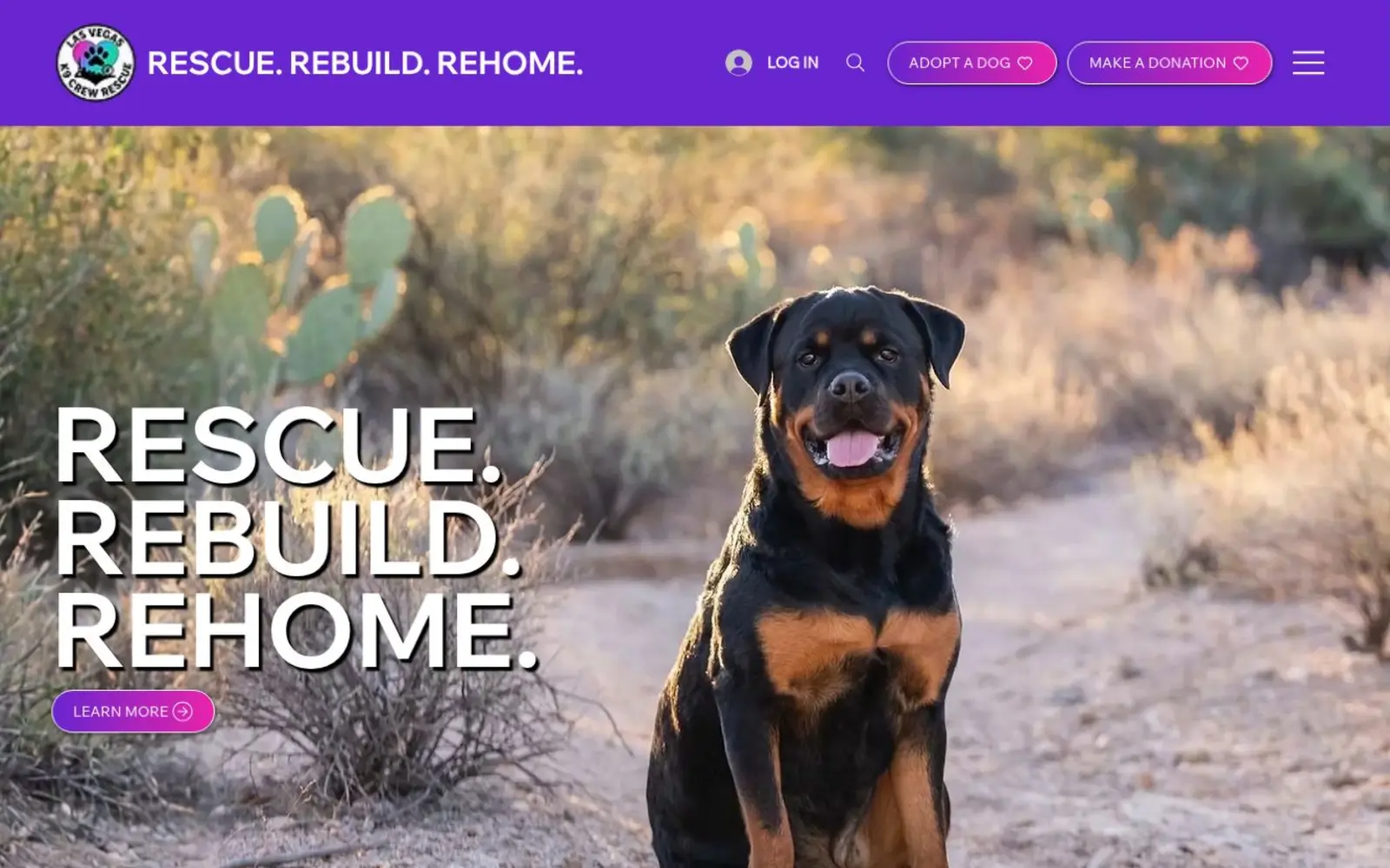 Las Vegas K9 Crew Rescue website homepage shown on desktop