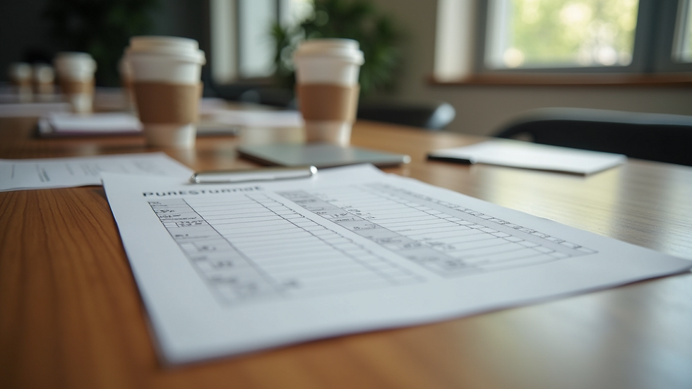 High angle view of a meeting table with onboarding checklists and coffee cups