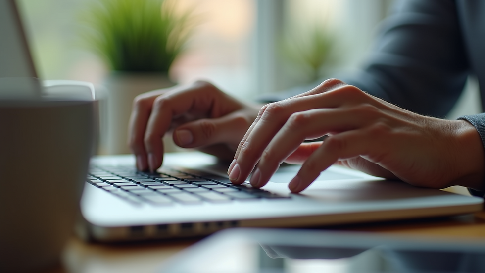 Close-up view of hands typing on a laptop keyboard with a coffee cup nearby