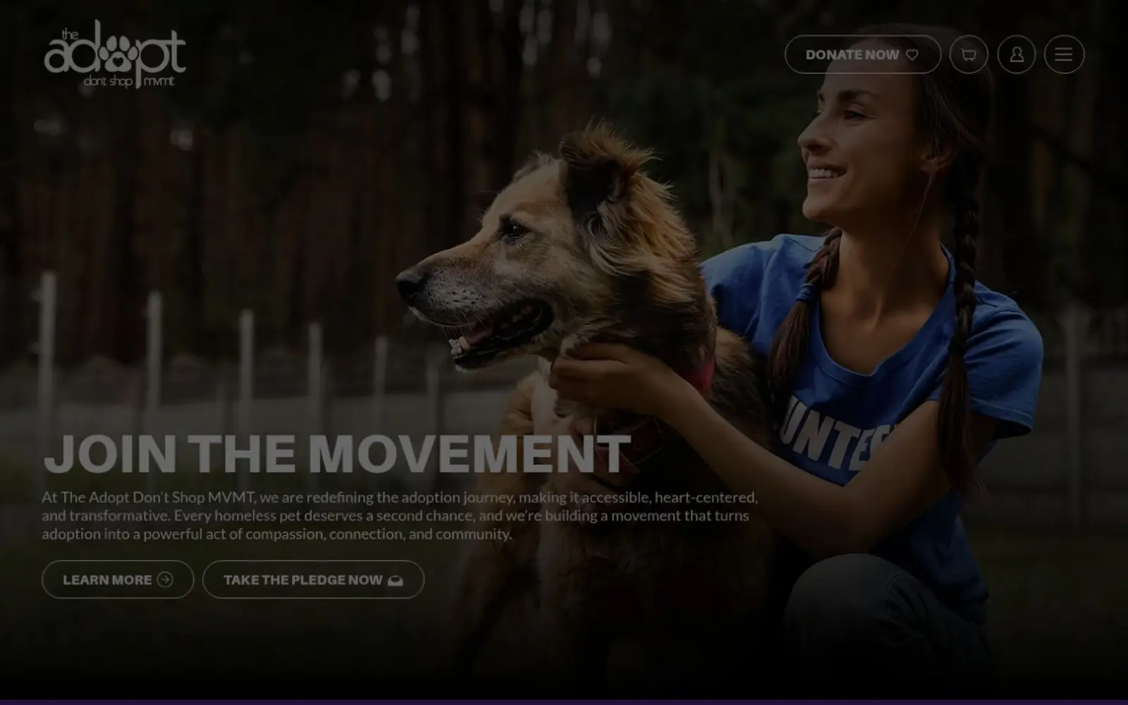 The Adopt Don’t Shop Movement website homepage shown on desktop