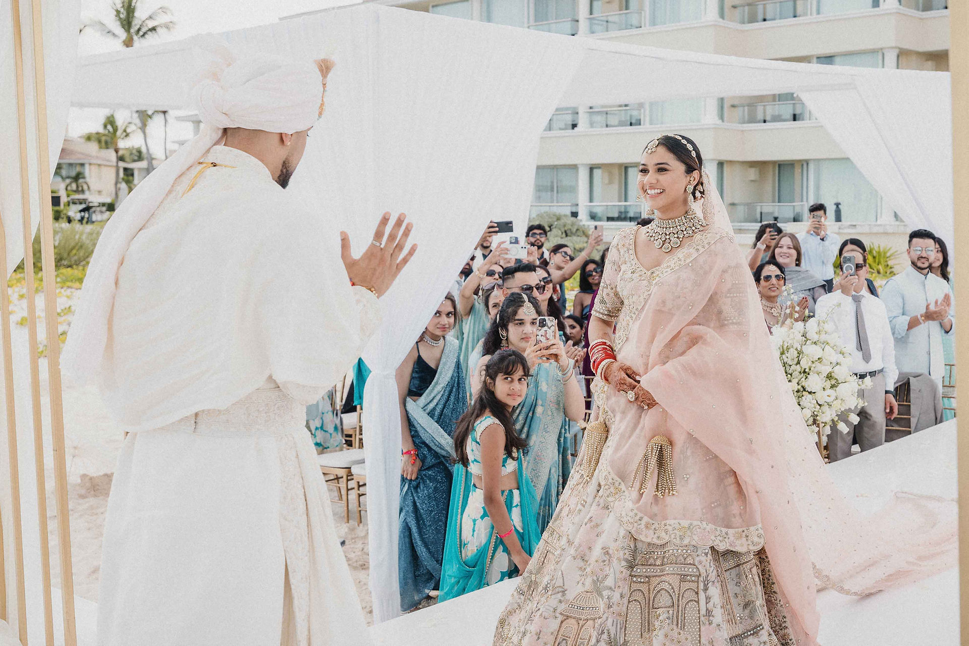 Indian wedding bride arrival mandap groom reaction ceremony Cancun
