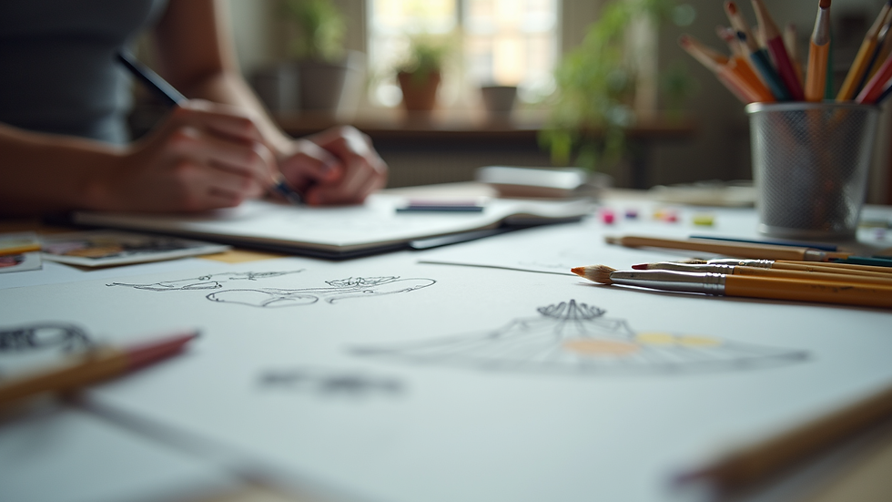 Eye-level view of a creative workspace with art supplies and sketches