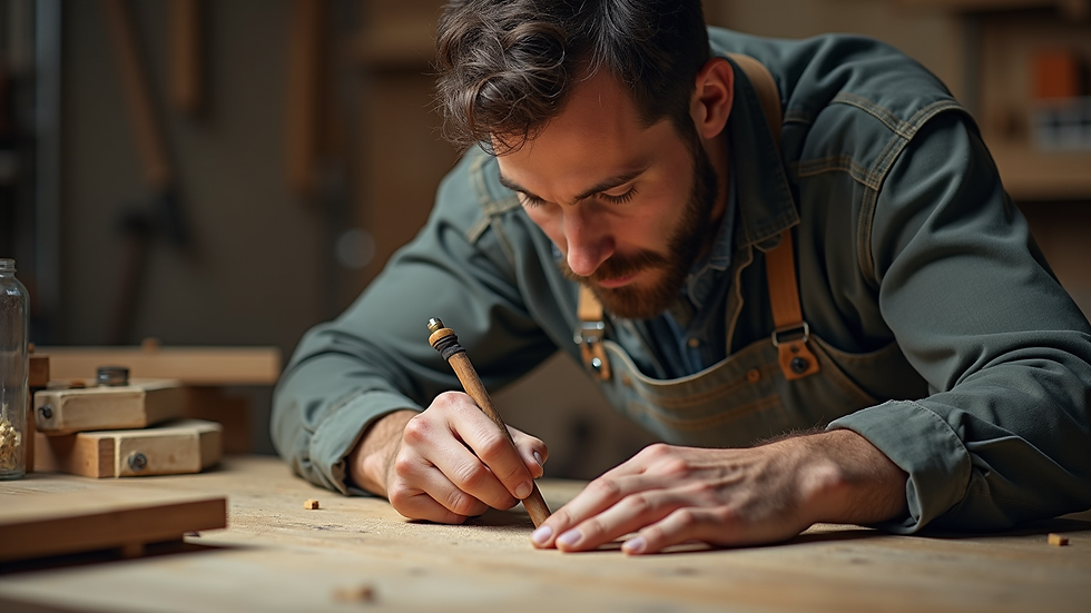 Eye-level view of a skilled craftsman working on a wooden table