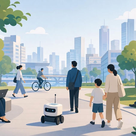 Generated image. People relax and work in a sunny city park, with a cyclist, a walking family, and a small delivery robot on the path.