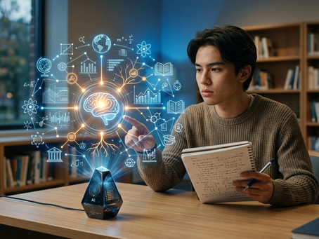 A young male student sits at a wooden desk in a dimly lit library, holding a notebook and a pen. In front of him, a sleek, dark AI device projects a glowing, holographic network of interconnected icons—including a human brain, a globe, data charts, and atoms. He looks thoughtfully at the floating blue and gold graphics, pointing a finger toward the hologram as if interacting with his personal AI tutor. In the background, bookshelves and another student with a tablet are softly blurred.
