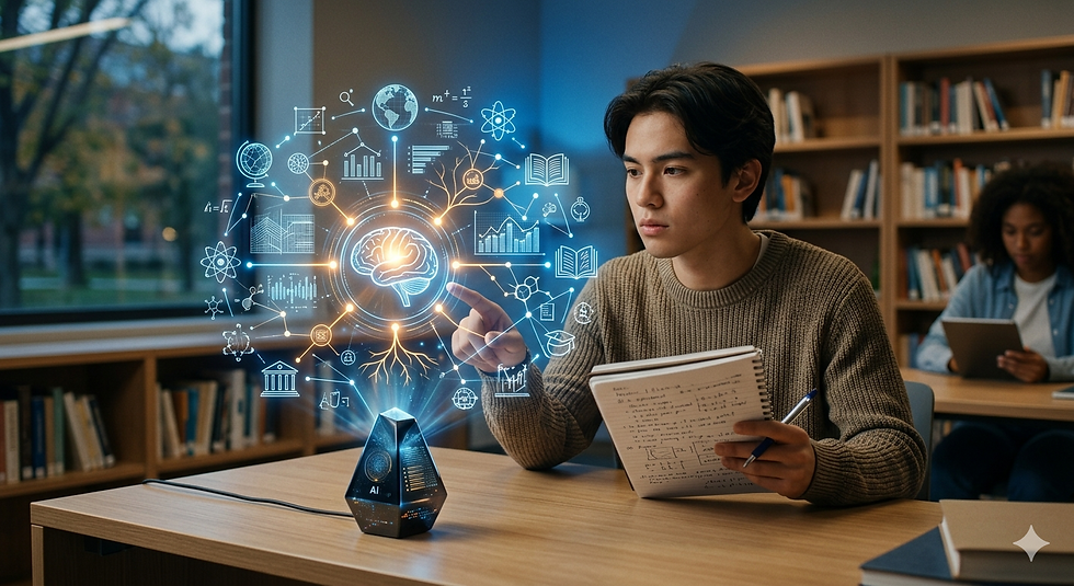 Student in a library points at a glowing AI brain hologram above a desk while taking notes; another student reads in background.