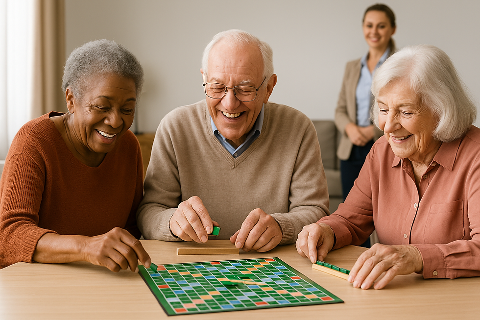 Three elderly people play Scrabble at a table, smiling warmly. A senior care coordinator stands in the background. The room has a cozy ambiance.