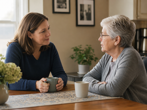 An adult daughter and her older mother sit together at a kitchen table, holding coffee mugs and sharing a thoughtful conversation in a warm, sunlit home. The image conveys compassion, trust, and the importance of discussing aging, future care, and family planning before a crisis arises.