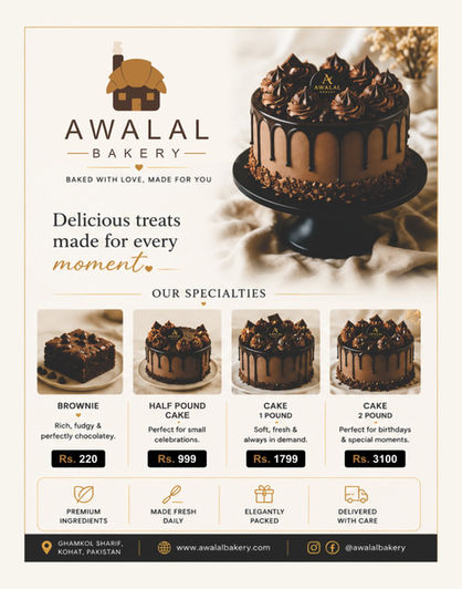 AWALAL Bakery menu featuring cakes, brownies and desserts