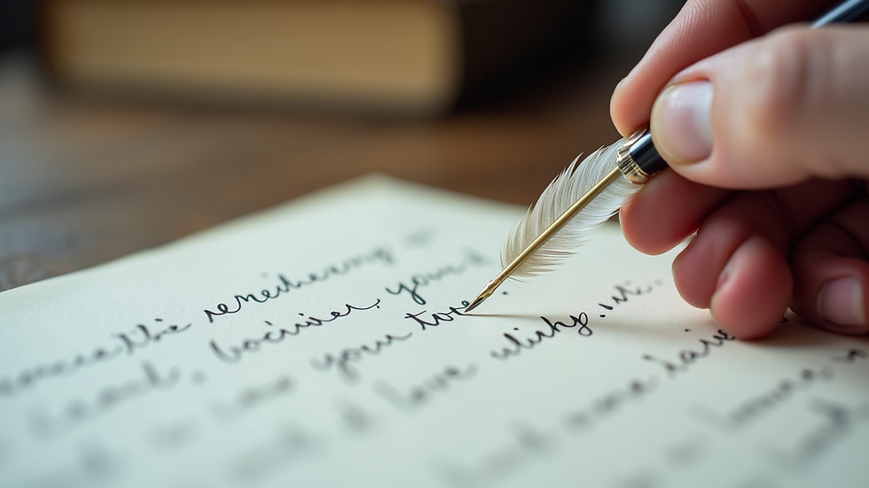 Close-up view of a handwritten letter with a quill