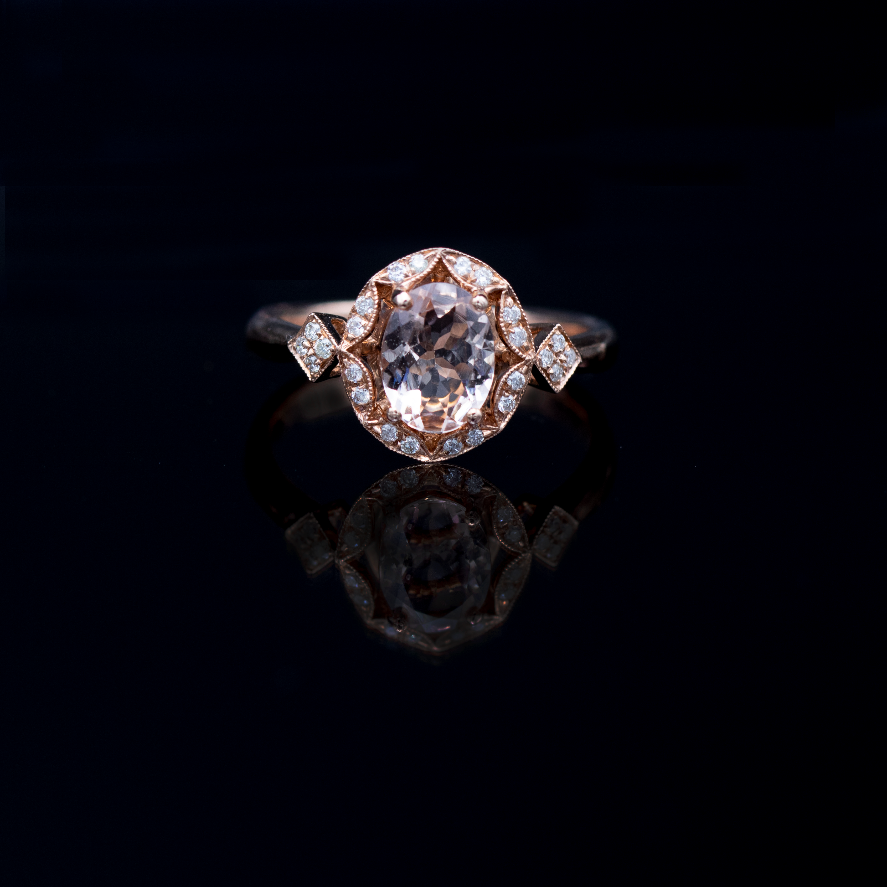 14ct Rose Gold Oval Cut Morganite & Diamond Ring