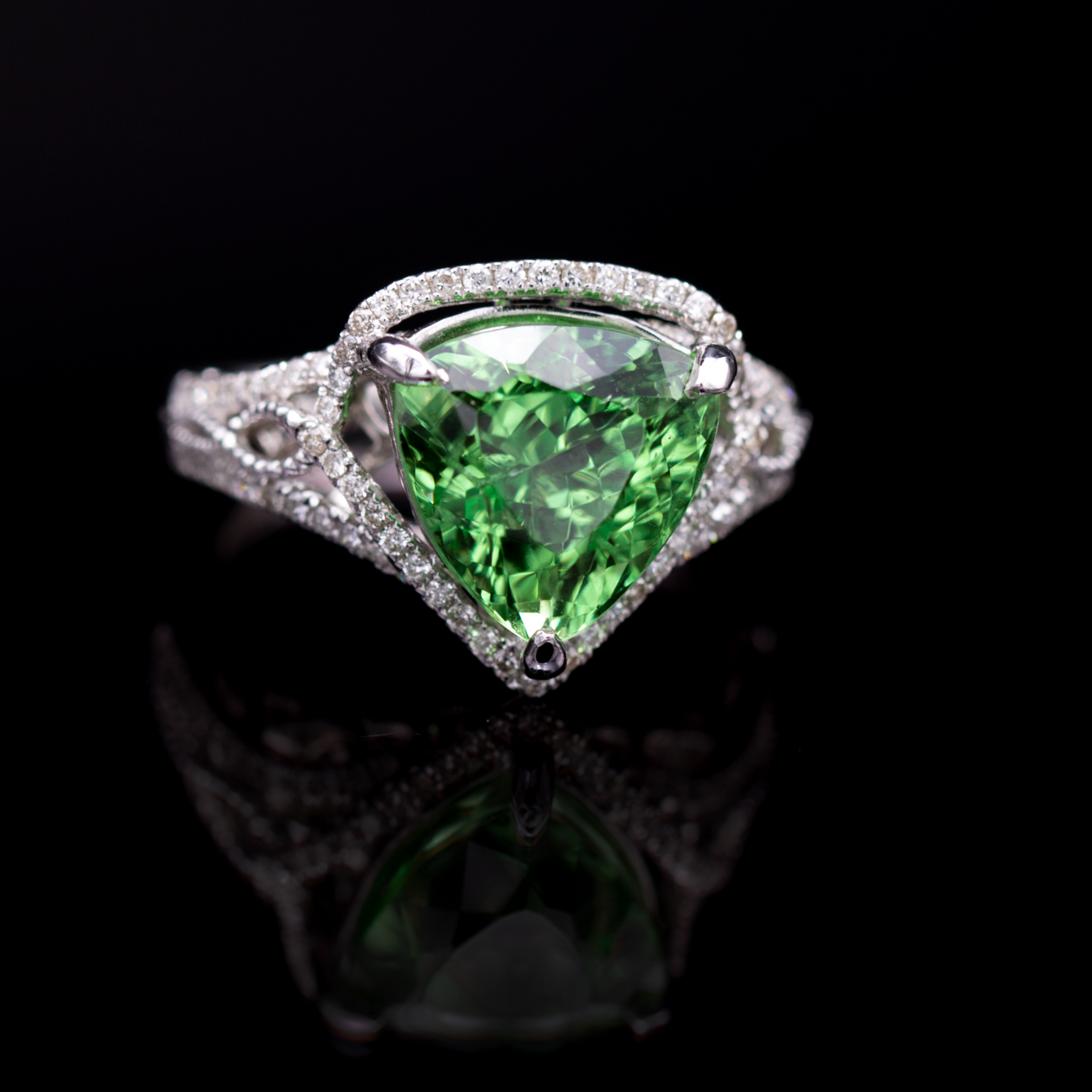 14ct White Gold Trillion Cut Green Tourmaline & Diamond Ring