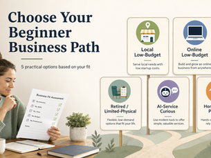 Illustration of five beginner business path options for choosing between local, online, retired, AI-service, and home-service starter paths.