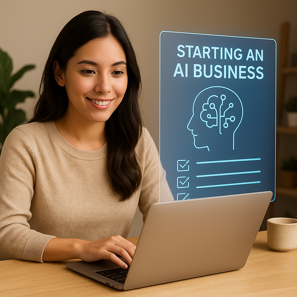 Smiling woman using a laptop, holographic text reads "Starting an AI Business" with head diagram and checklist. Cozy indoor setting.