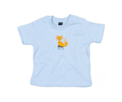 Baby T shirt with Embroidered Fox and name personalisation