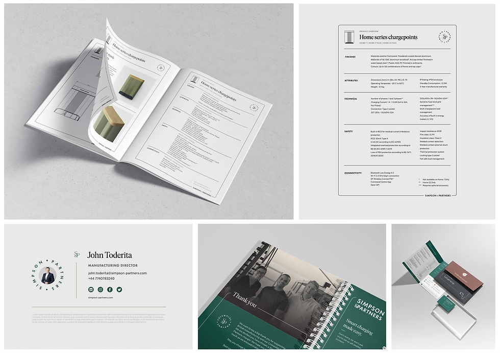 Open product brochures with technical info and images on a gray surface. Includes a business card for John Toderita with contact details.
