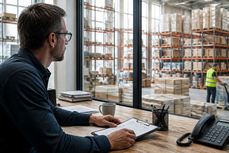 Supply chain manager reviewing demand forecasts and inventory data on multiple computer monitors in a modern warehouse control center with natural lighting