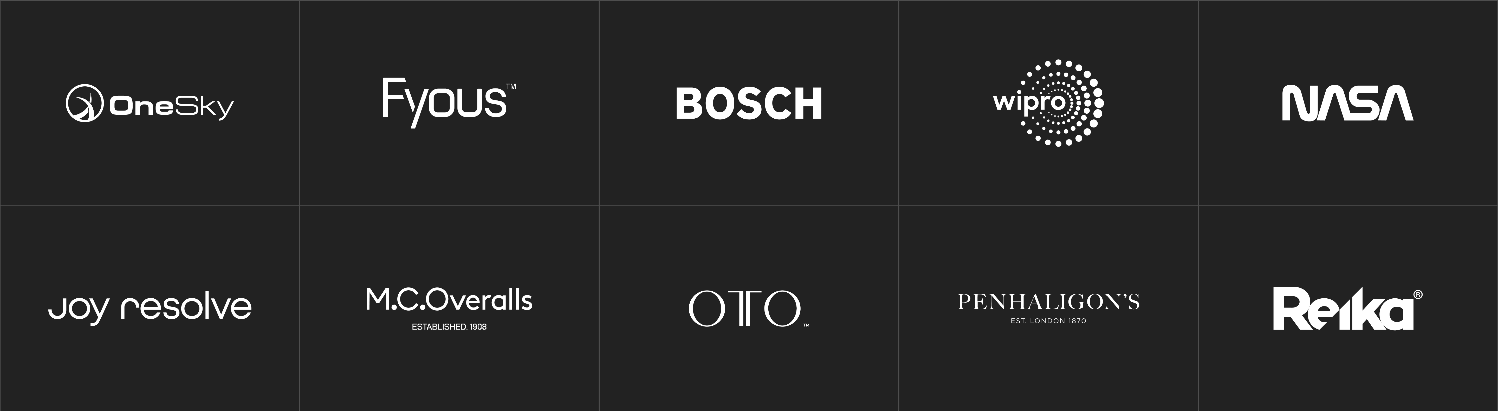 Logos of various brands on a black background, including OneSky, FyouS, Bosch, Wipro, NASA, Joy Resolve, M.C.Overalls, OTO, Penhaligon's, and Reika.