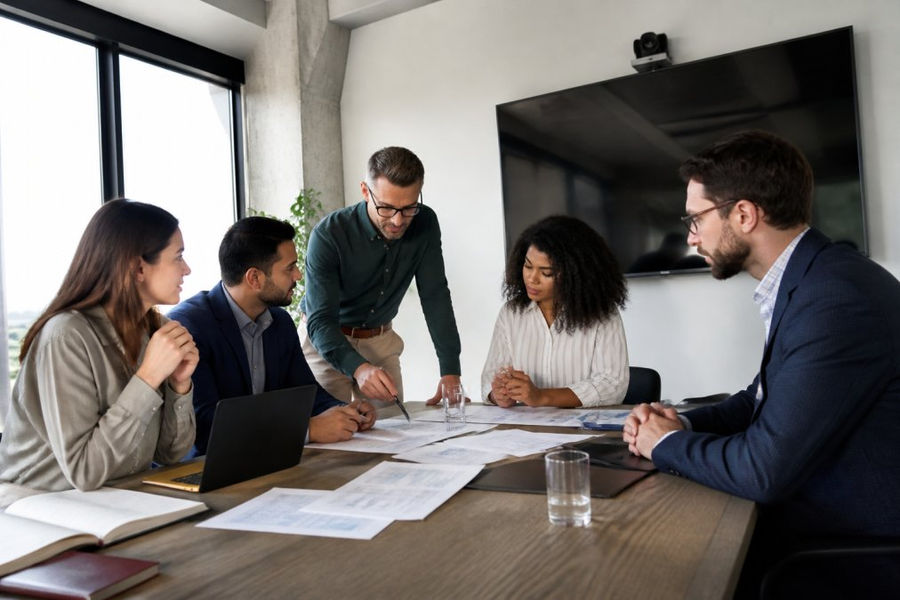 Team reviewing an AI strategy roadmap during enterprise ai consulting services in a modern conference room